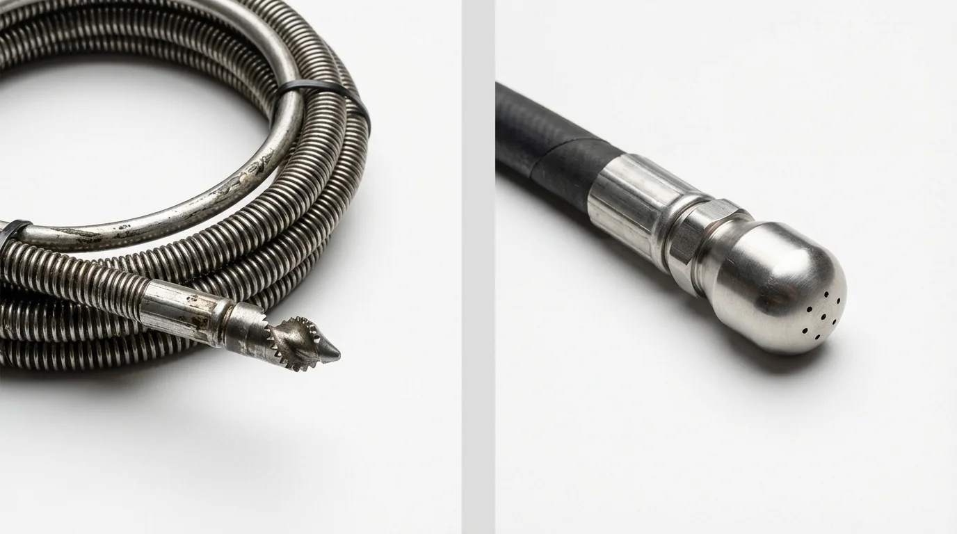 Drain snake cable and hydro jetting nozzle used for drain cleaning in Pioneer, CA