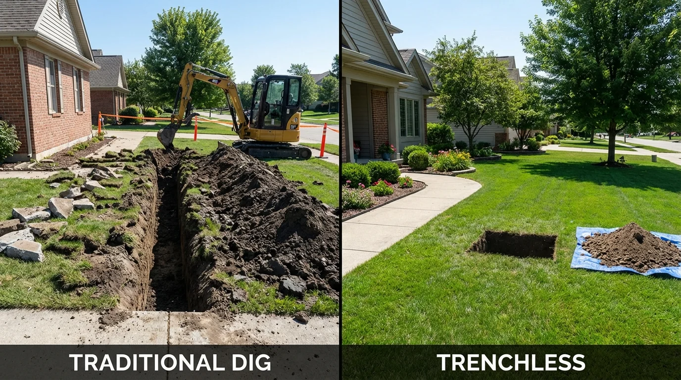 Trenchless sewer repair with minimal yard damage versus traditional excavation in Pioneer, CA