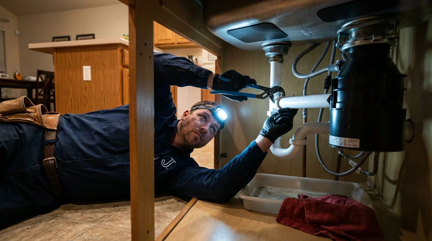 P-trap and supply line connections under a kitchen sink showing a common leak point in Pioneer, CA